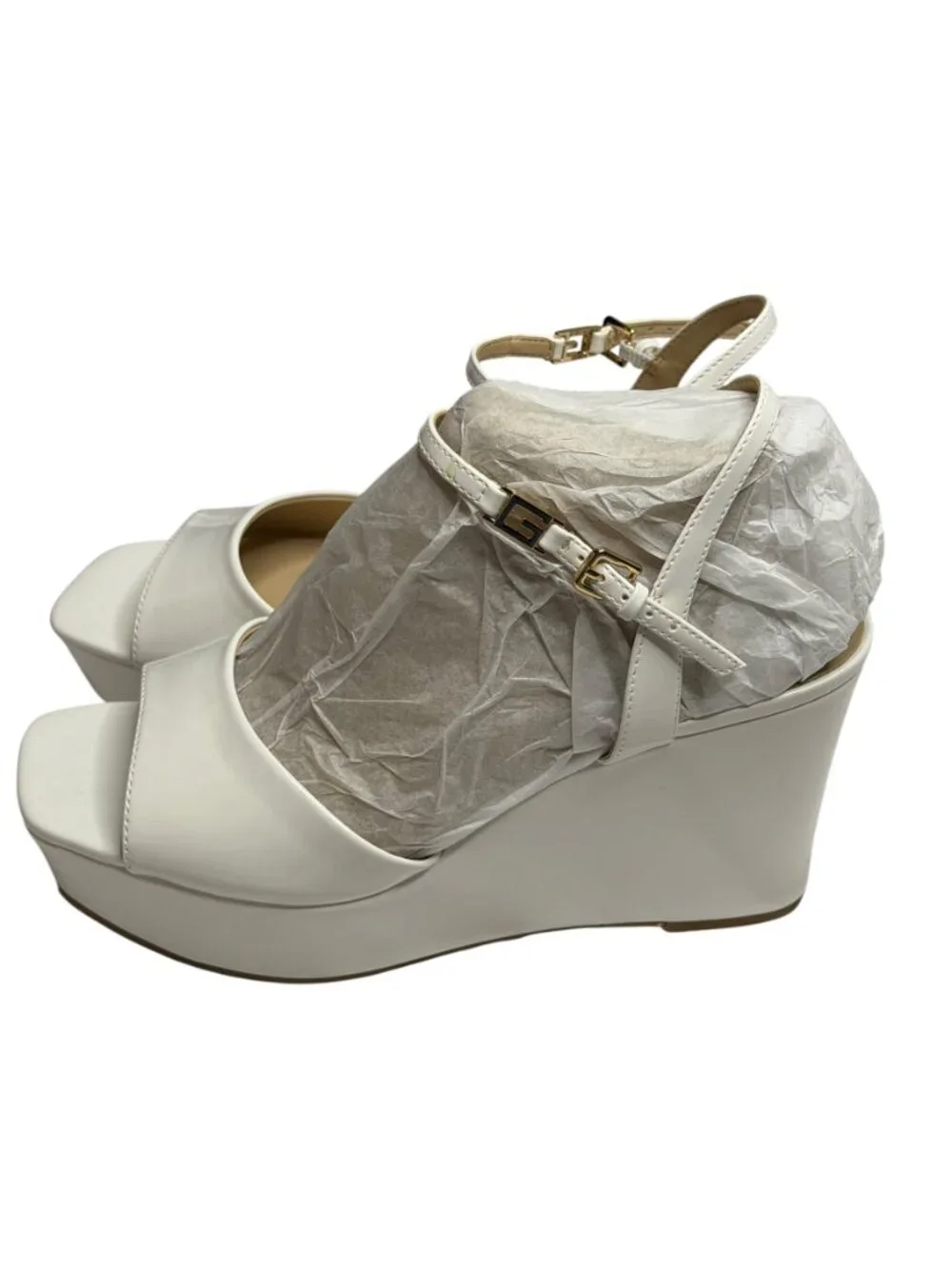Guess Zione Sandals Shoes Faux Patent Leather Platform Wedge White 10 NIB